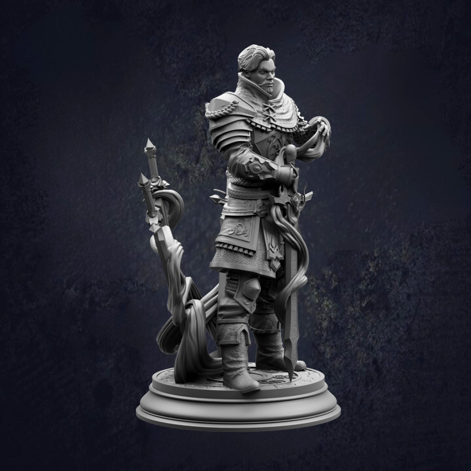 A detailed 3D model of a knight figure, standing on a pedestal and holding a sword and shield.