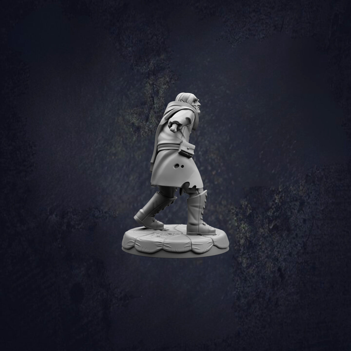 A 3D model of a person in a long coat and boots, standing on a platform against a dark background.