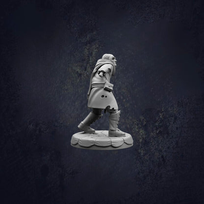A 3D model of a person in a long coat and boots, standing on a platform against a dark background.