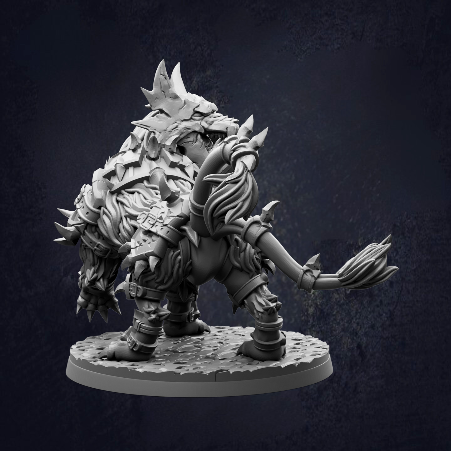 A detailed 3D model of a fierce-looking creature with sharp teeth and claws, standing on a platform against a dark background.