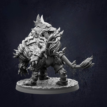 A detailed 3D model of a fierce-looking creature with sharp teeth and claws, standing on a platform against a dark background.
