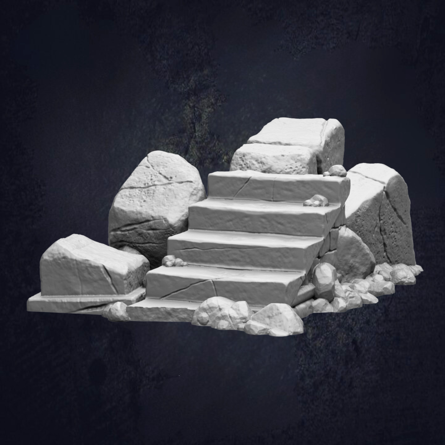 A set of stone stairs leading up to a rocky outcropping against a dark background.