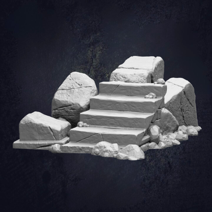 A set of stone stairs leading up to a rocky outcropping against a dark background.