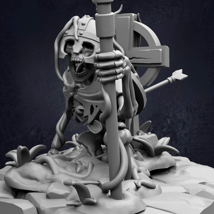A 3D rendering of a skeletal figure with a cross-like symbol on its back, standing on a rocky surface.