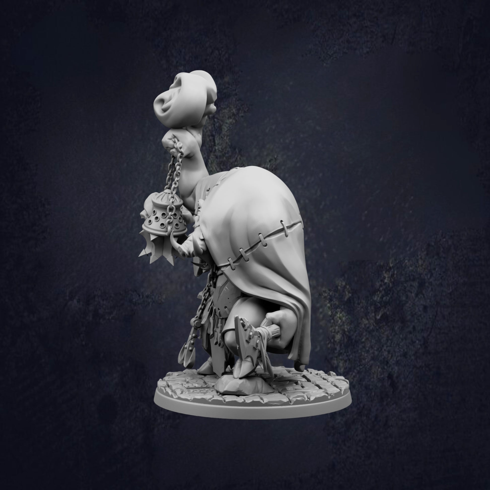 A 3D rendering of a fantastical creature with a large head, a long neck, and a distinctive body shape. The creature appears to be a hybrid of a human and an animal, with a large head and a long neck. The creature is holding a small object in its hand, which could be a weapon or a tool. The creature is standing on a platform, and the background is dark and textured, giving the image a mysterious and intriguing atmosphere.