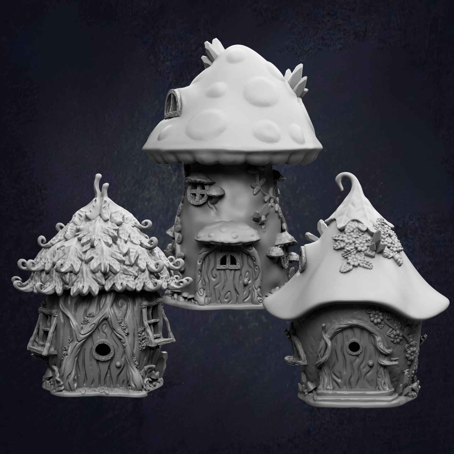 three whimsical mushroom-shaped houses with intricate designs and decorations, including leaves, flowers, and other natural elements.