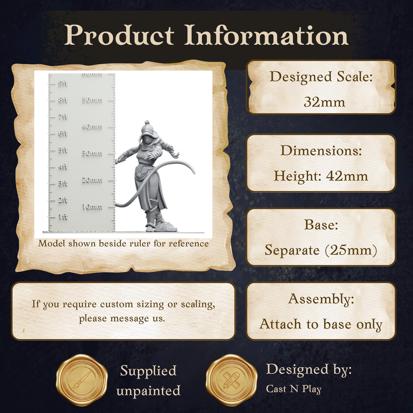 The image is a product information display featuring a model shown beside a ruler for reference. The model is designed to be used as a reference size for custom sizing or scaling. The display includes dimensions, a base, and assembly instructions. The image is a collage of multiple images, and it is not a single image but a collection of images. The display is designed by Cast N Play.