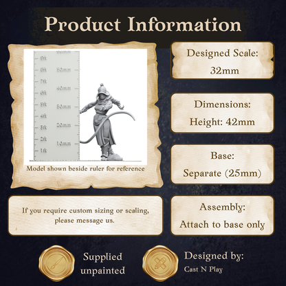 The image is a product information display featuring a model shown beside a ruler for reference. The model is designed to be used as a reference size for custom sizing or scaling. The display includes dimensions, a base, and assembly instructions. The image is a collage of multiple images, and it is not a single image but a collection of images. The display is designed by Cast N Play.