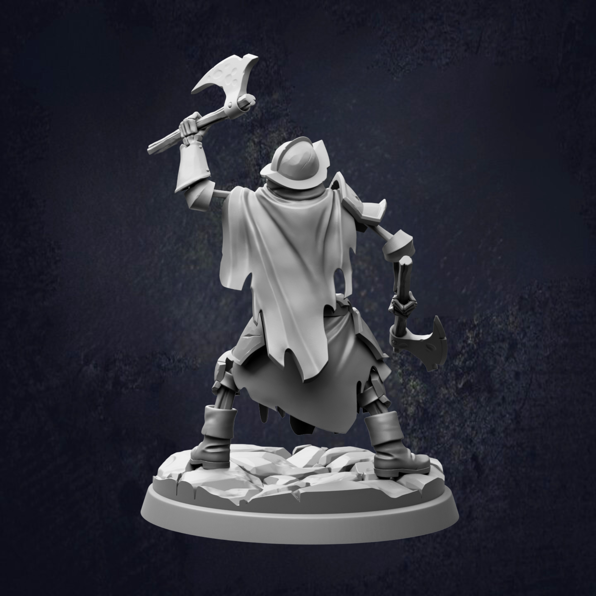 A 3D rendering of a warrior figure holding a sword and shield, standing on a rocky base against a dark background.
