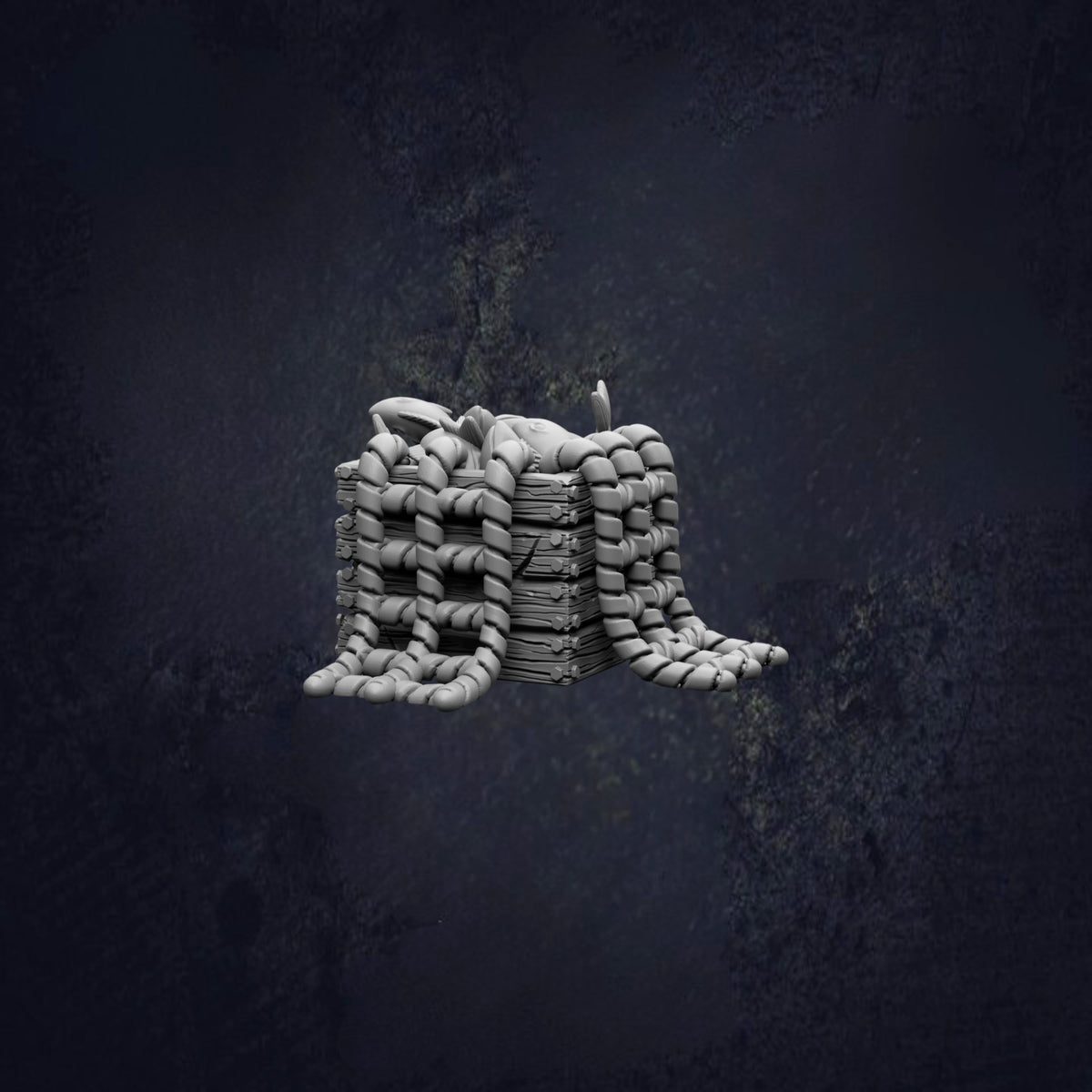 A stack of large, white, cylindrical objects resembling a pile of hay or straw, set against a dark, moody background.