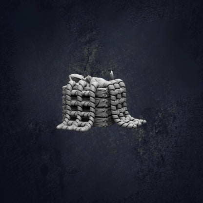 A stack of large, white, cylindrical objects resembling a pile of hay or straw, set against a dark, moody background.