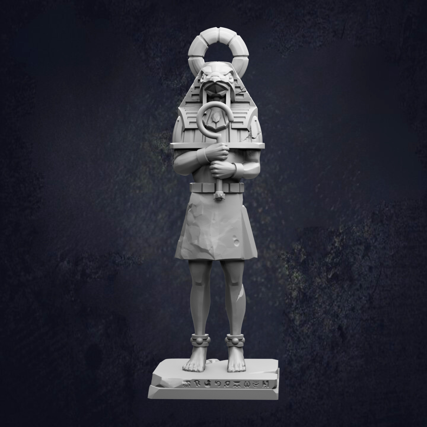 A statue of a figure with a headdress and a raised head, standing on a pedestal with the inscription "HISPANDA".