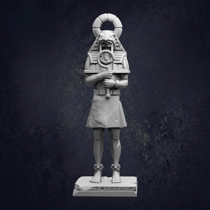 A statue of a figure with a headdress and a raised head, standing on a pedestal with the inscription "HISPANDA".