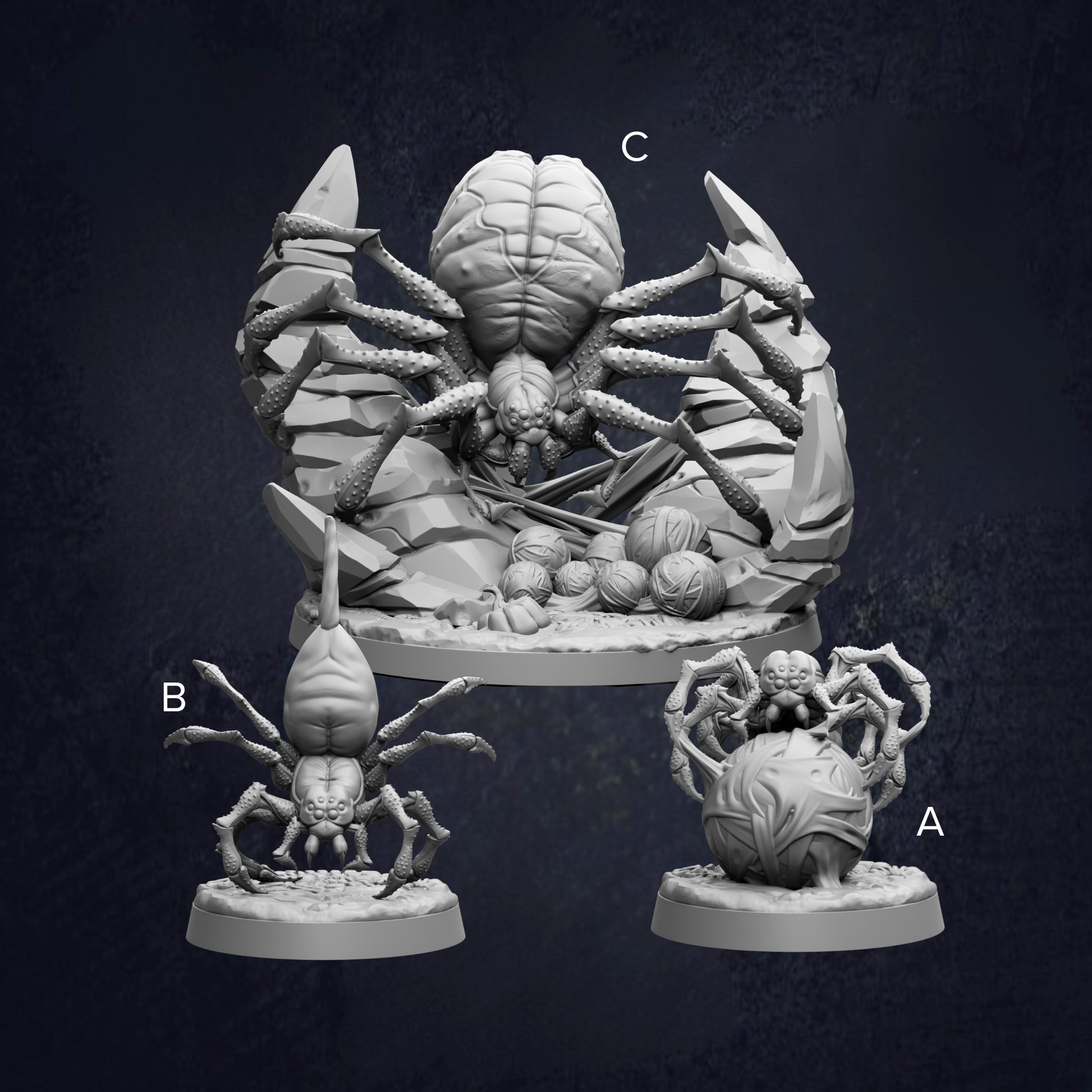 three different figurines of large, intricate spider-like creatures, each with unique features and designs.