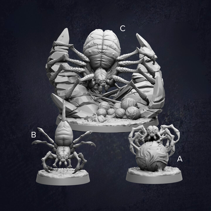 three different figurines of large, intricate spider-like creatures, each with unique features and designs.