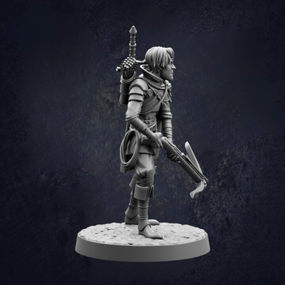 A black and white image depicting a character with a sword and a backpack, standing on a platform.
