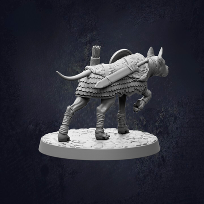 A statue of a mythical creature, possibly a dragon or serpent, with a shield and a spear on its back, standing on a platform against a dark background.