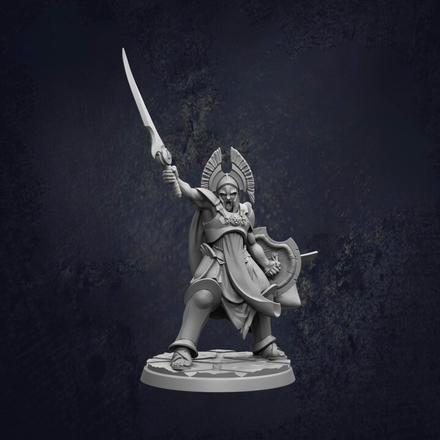 A statue of a warrior figure with a sword and shield, standing in a fighting stance against a dark background.