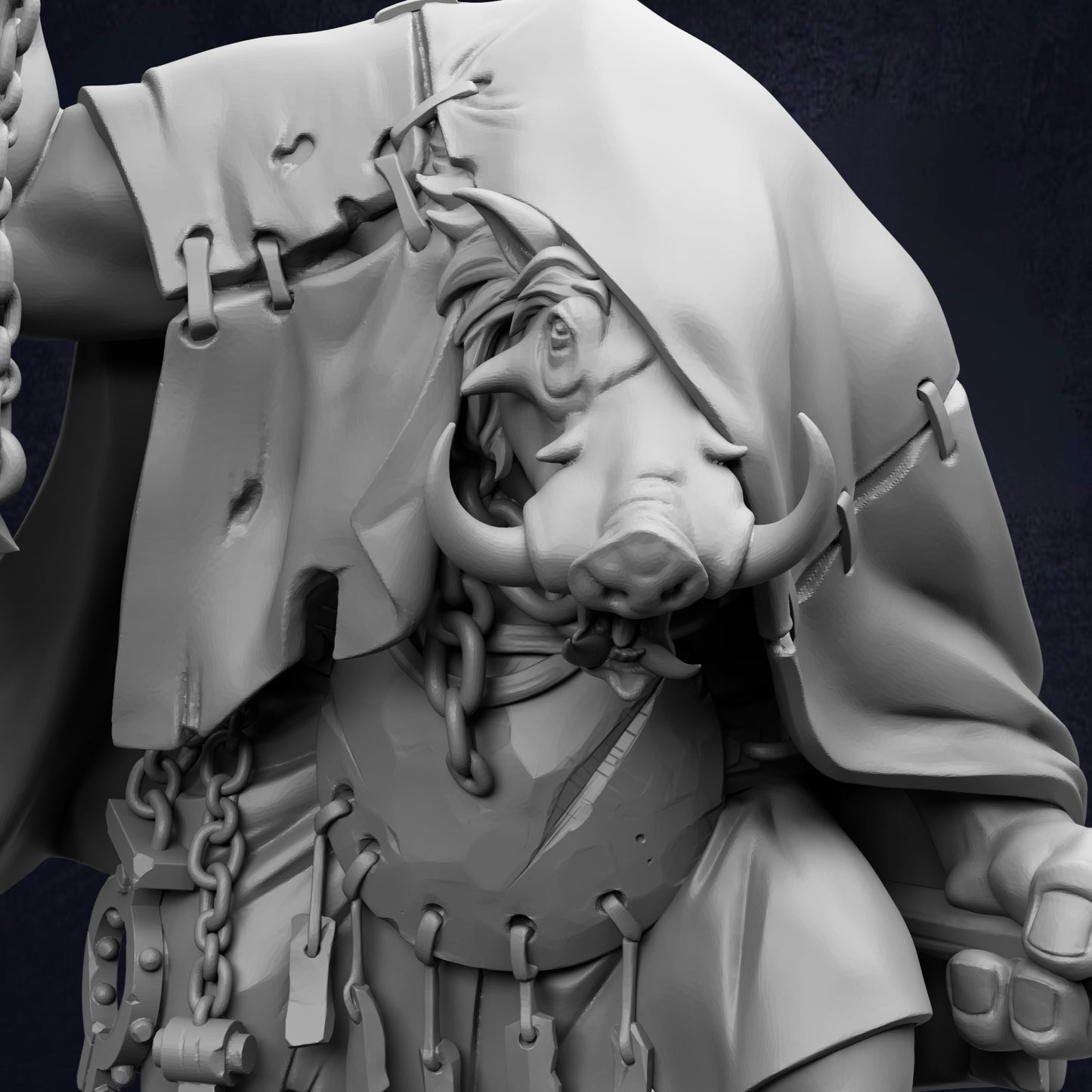 A detailed 3D rendering of a fantastical creature, possibly a dragon or mythical beast, with intricate details and a hooded cloak.