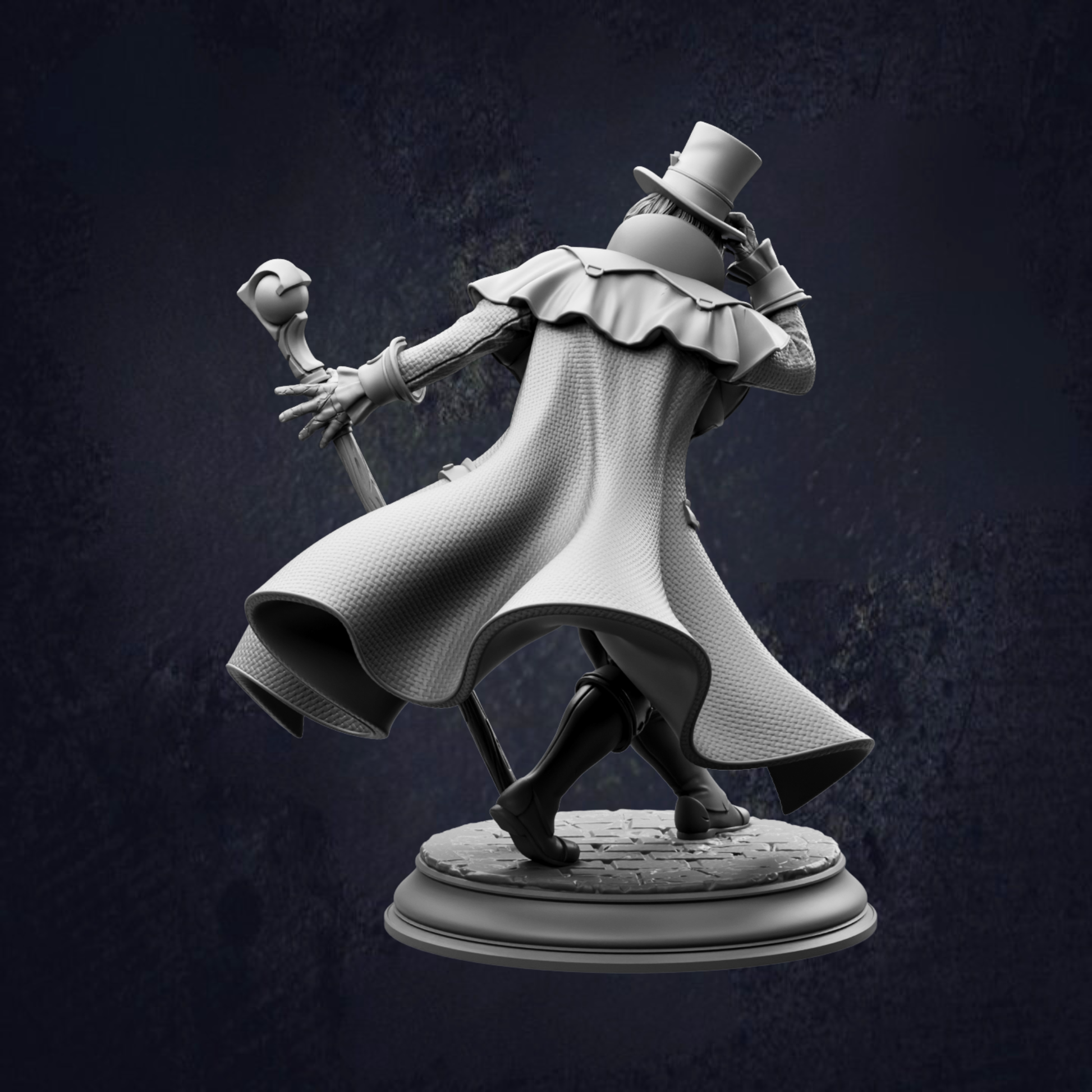 A statue of a person wearing a top hat and coat, holding a cane and walking on a platform.