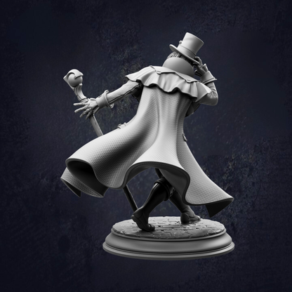 A statue of a person wearing a top hat and coat, holding a cane and walking on a platform.
