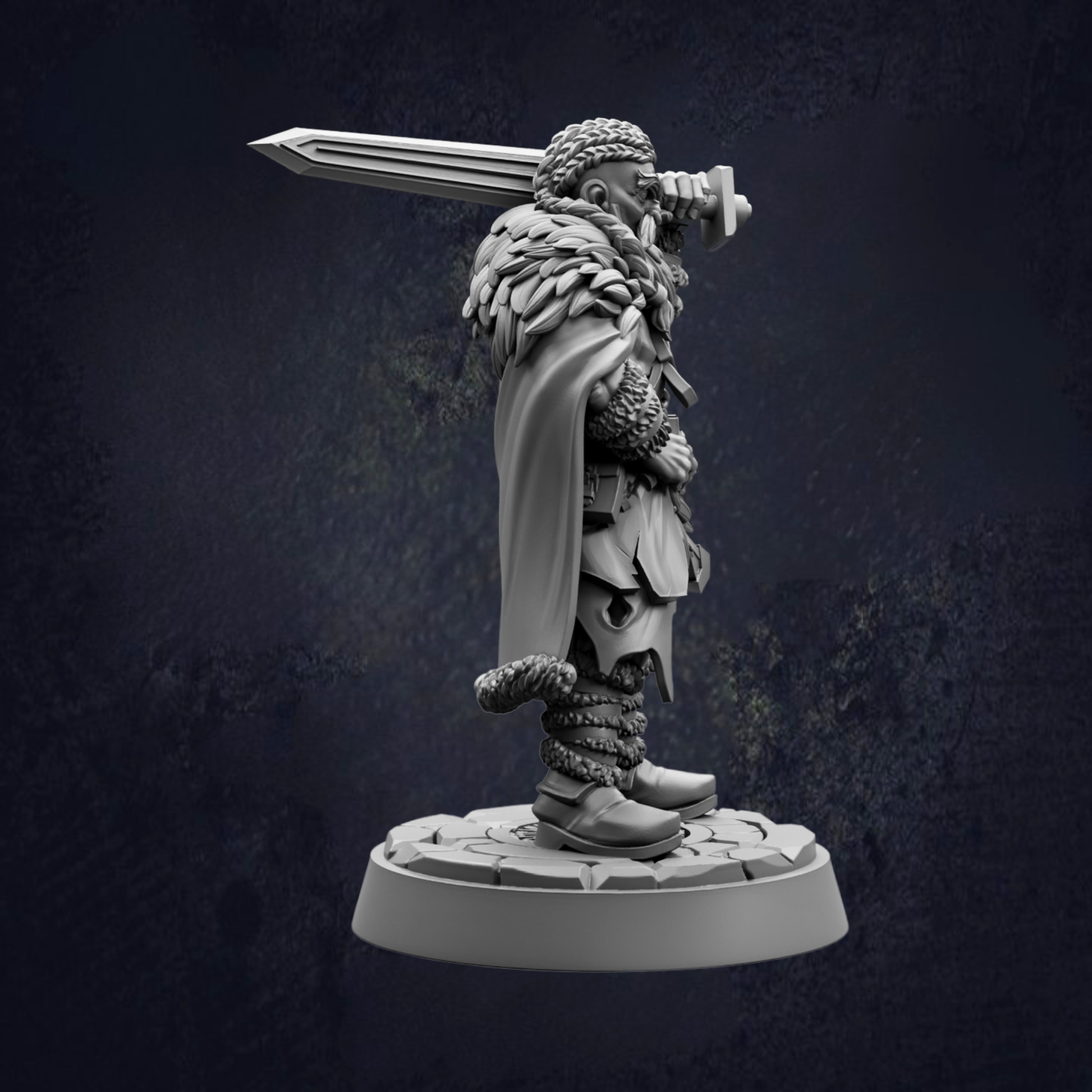 A detailed 3D model of a warrior figure holding a sword and standing on a platform.