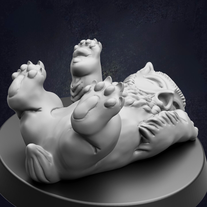 A 3D rendering of a white sculpture depicting a cat lying on its back with its paws raised.