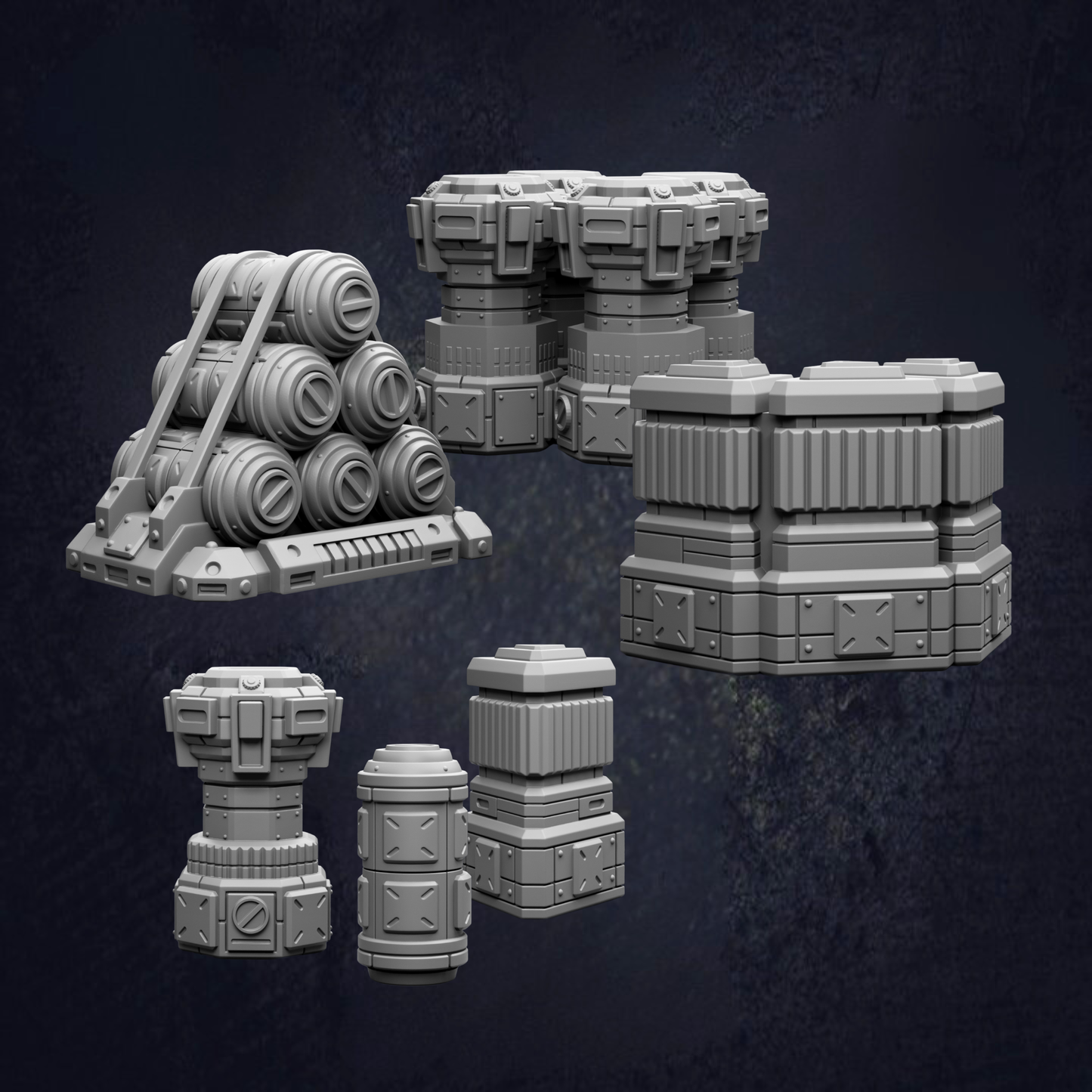 various 3D models of futuristic-looking objects, including cylindrical structures, cubes, and other geometric shapes, all set against a dark background.