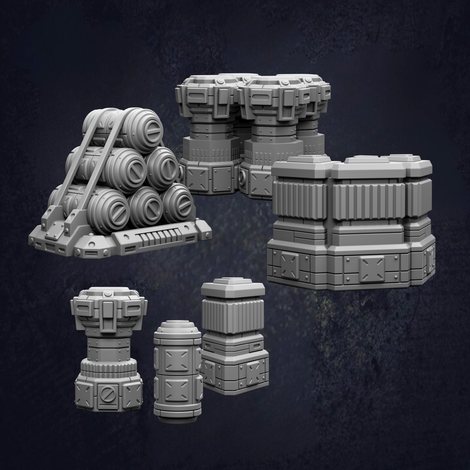 various 3D models of futuristic-looking objects, including cylindrical structures, cubes, and other geometric shapes, all set against a dark background.