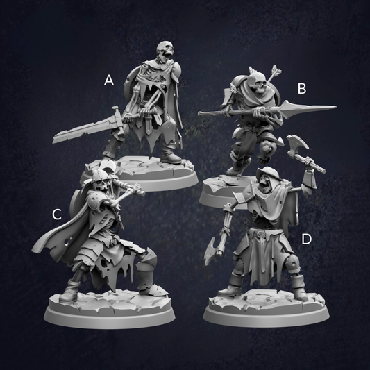 four different figurines of soldiers, each with unique poses and weapons, set against a dark background.