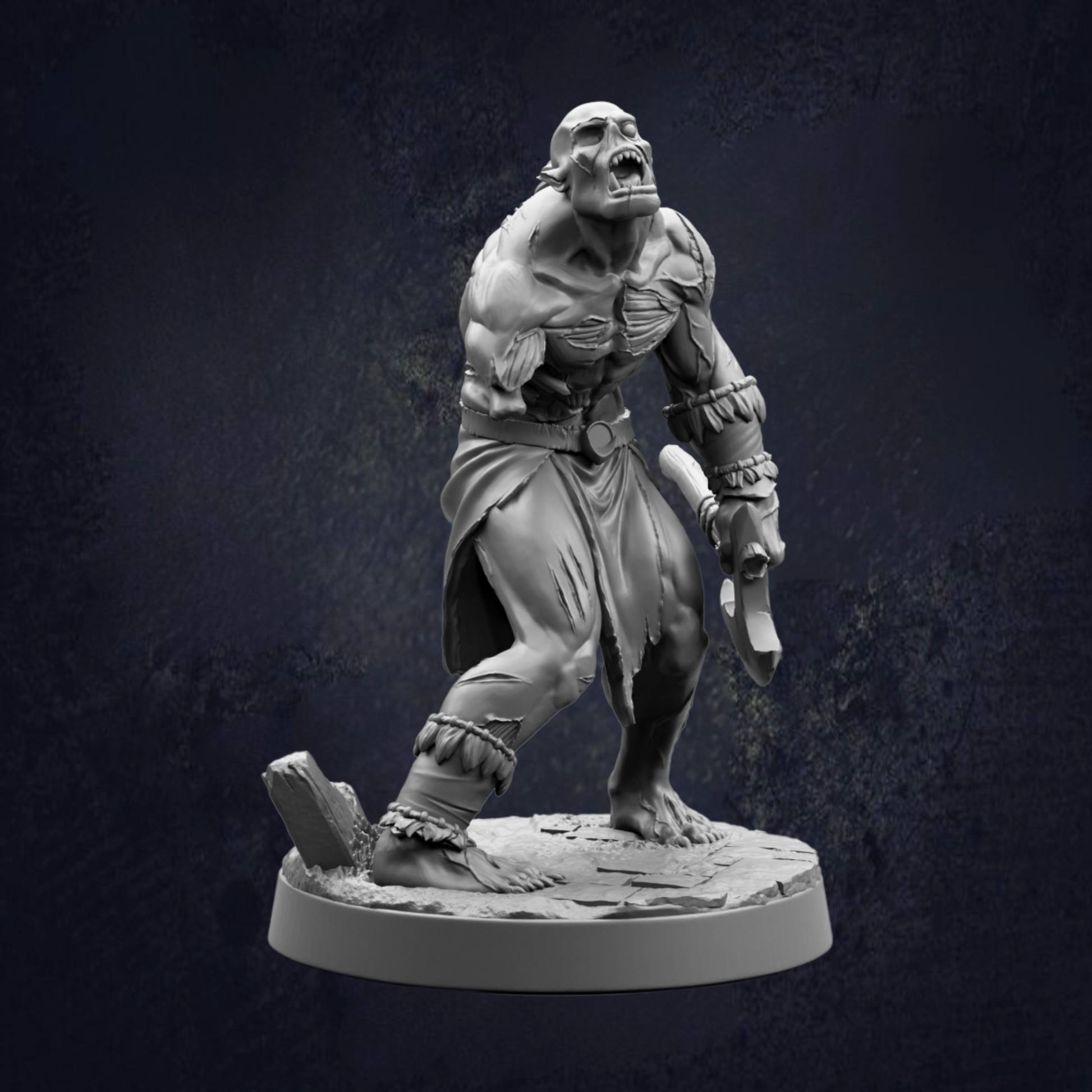 A 3D rendering of a fierce-looking, skeletal-looking creature with a fierce expression, standing on a rock and holding a weapon.