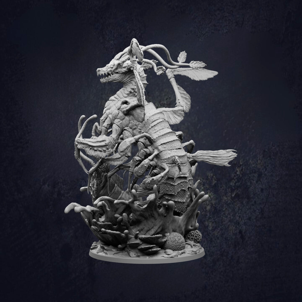 A detailed, intricate sculpture of a sea creature, possibly a dragon or sea monster, set against a dark background.