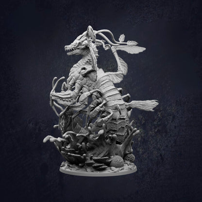 A detailed, intricate sculpture of a sea creature, possibly a dragon or sea monster, set against a dark background.