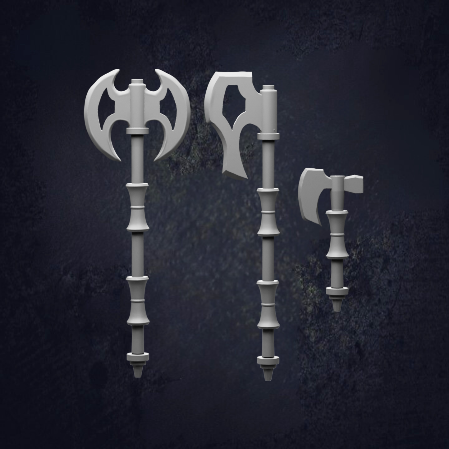 three white, ornate swords or axes with curved blades and ornamental designs, set against a dark background.