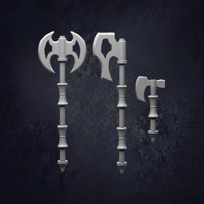 three white, ornate swords or axes with curved blades and ornamental designs, set against a dark background.