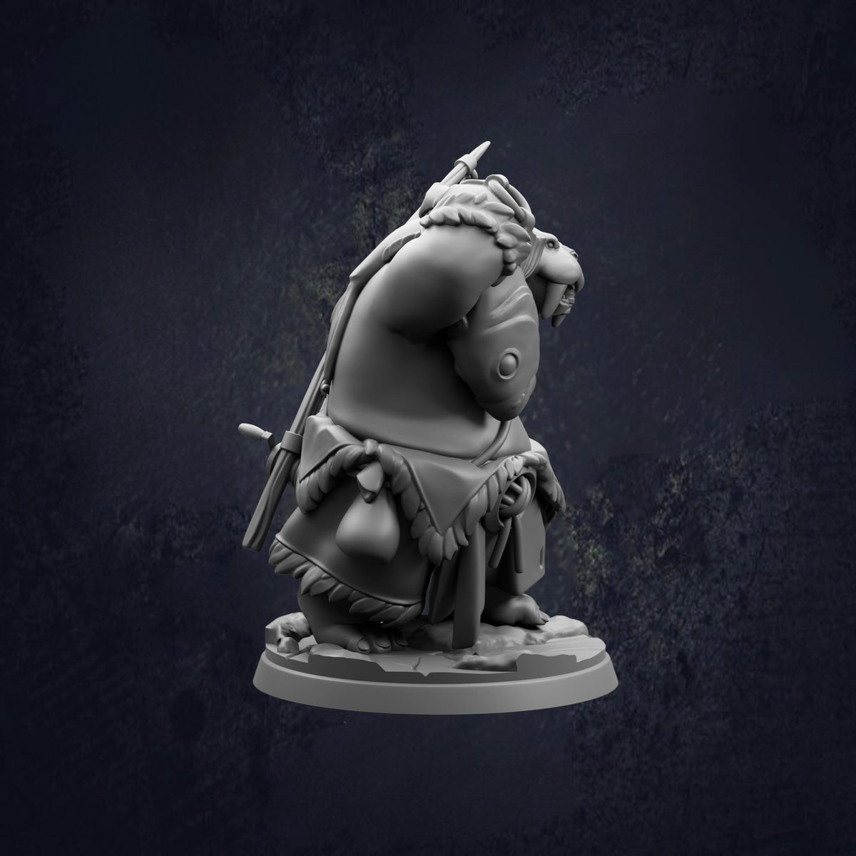 A 3D model of a character with a large head, wearing a fur-lined jacket and carrying a bag, standing on a platform against a dark background.