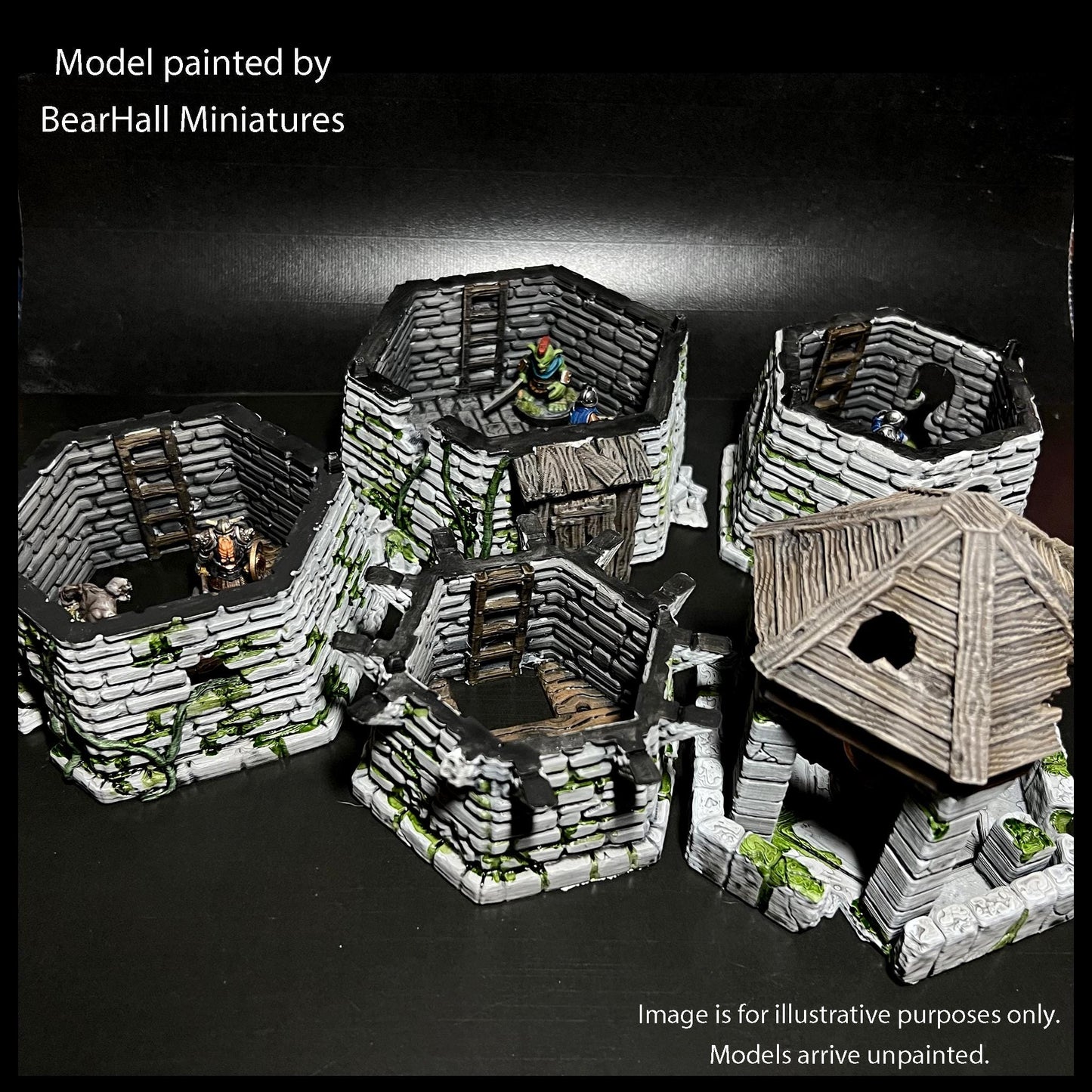 The image is a model painted by Bear Hall Miniatures, depicting a scene with several hexagonal structures, including a small wooden hut with a pointed roof.