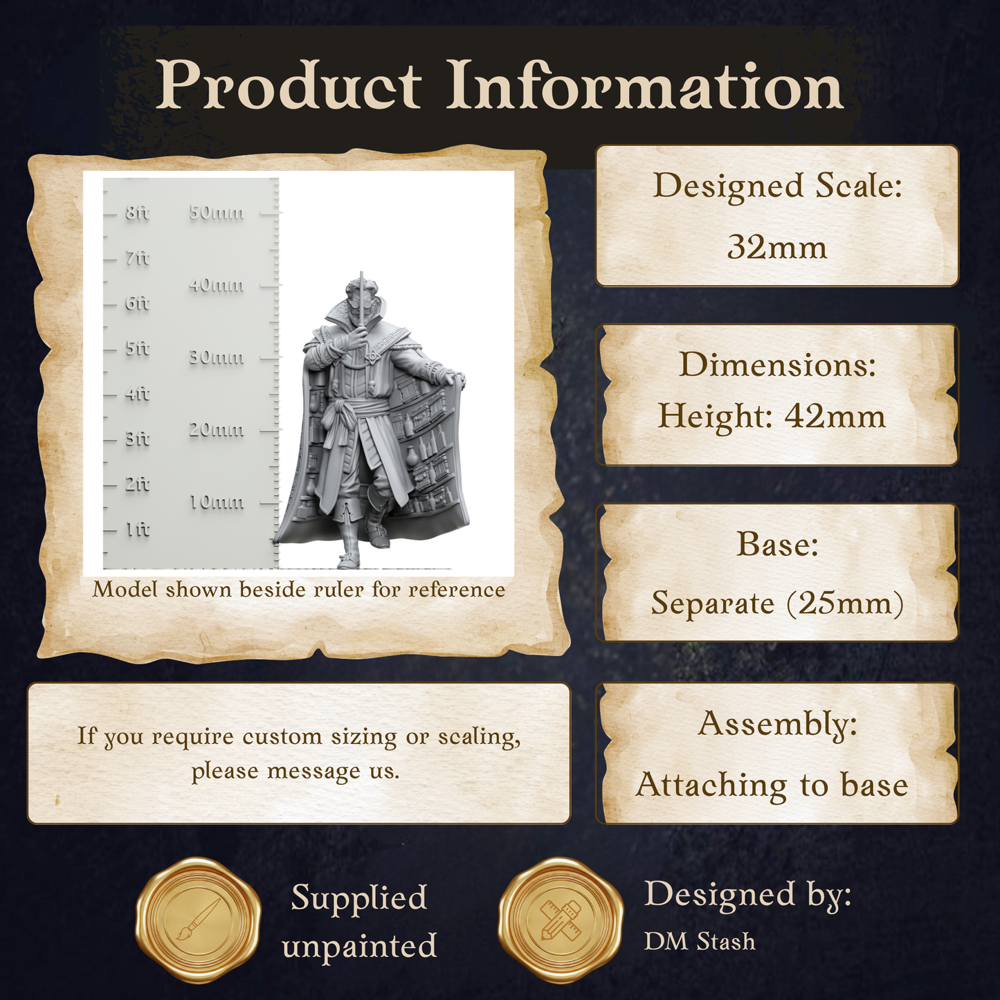 The image is a product information graphic that provides details about a model, including its dimensions, base, and assembly instructions.