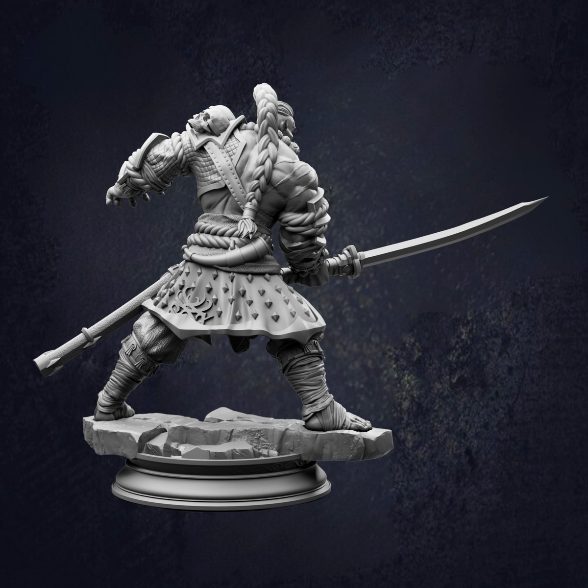 A detailed 3D model of a warrior figure wielding a sword, standing on a rock base against a dark background.