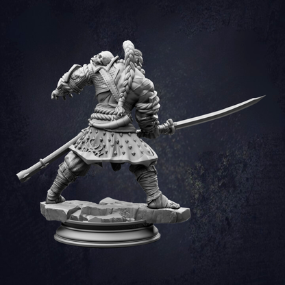 A detailed 3D model of a warrior figure wielding a sword, standing on a rock base against a dark background.