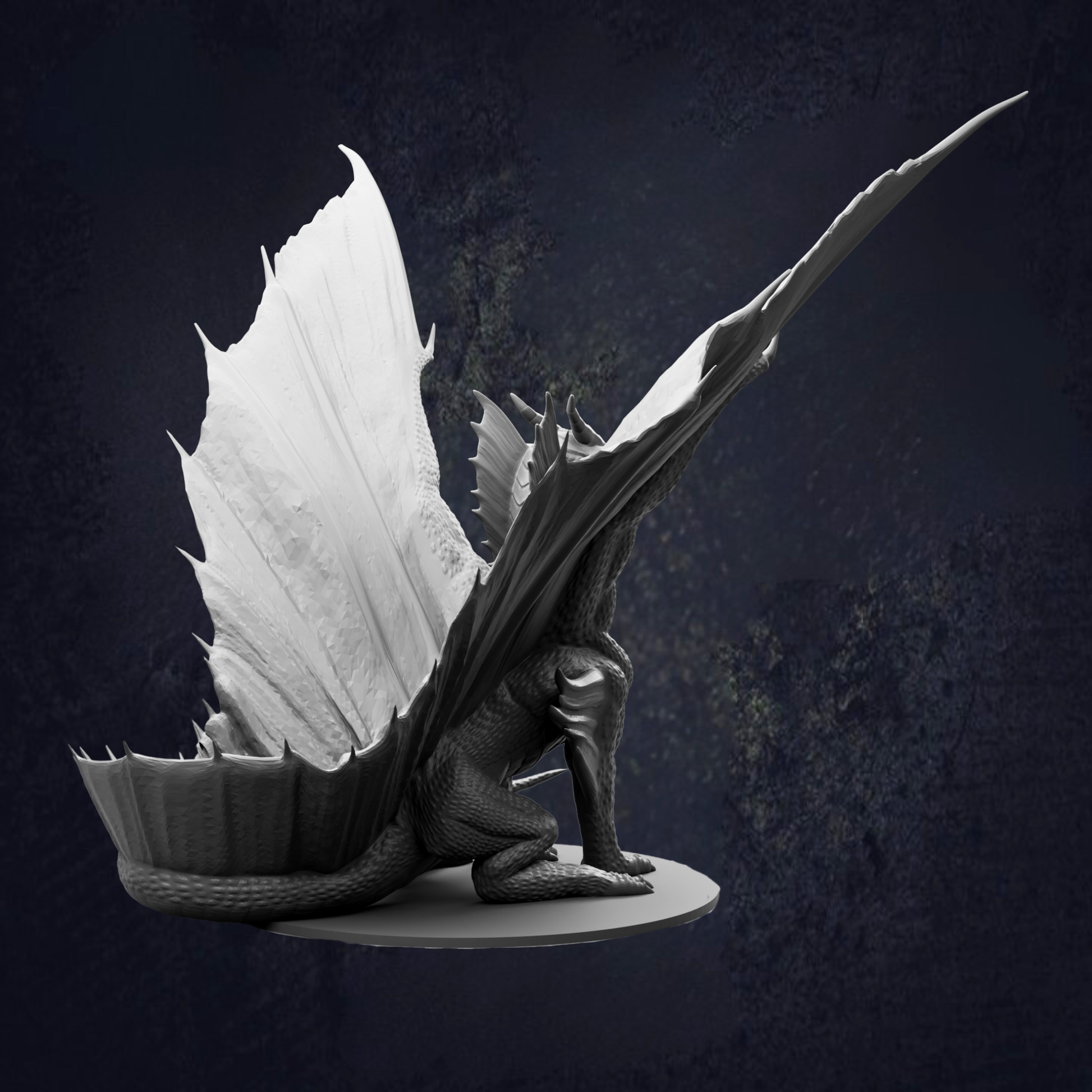 A detailed black and white image of a dragon statue with outstretched wings, sitting on a platform against a dark background.