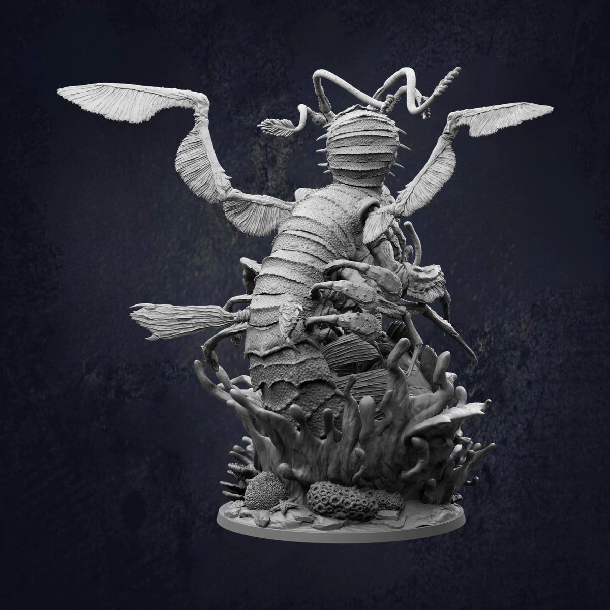 A detailed, intricate sculpture depicting a fantastical creature with multiple arms and legs, surrounded by various organic elements such as plants, rocks, and other natural forms.