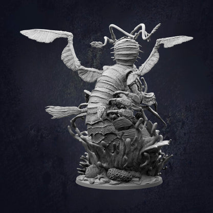 A detailed, intricate sculpture depicting a fantastical creature with multiple arms and legs, surrounded by various organic elements such as plants, rocks, and other natural forms.