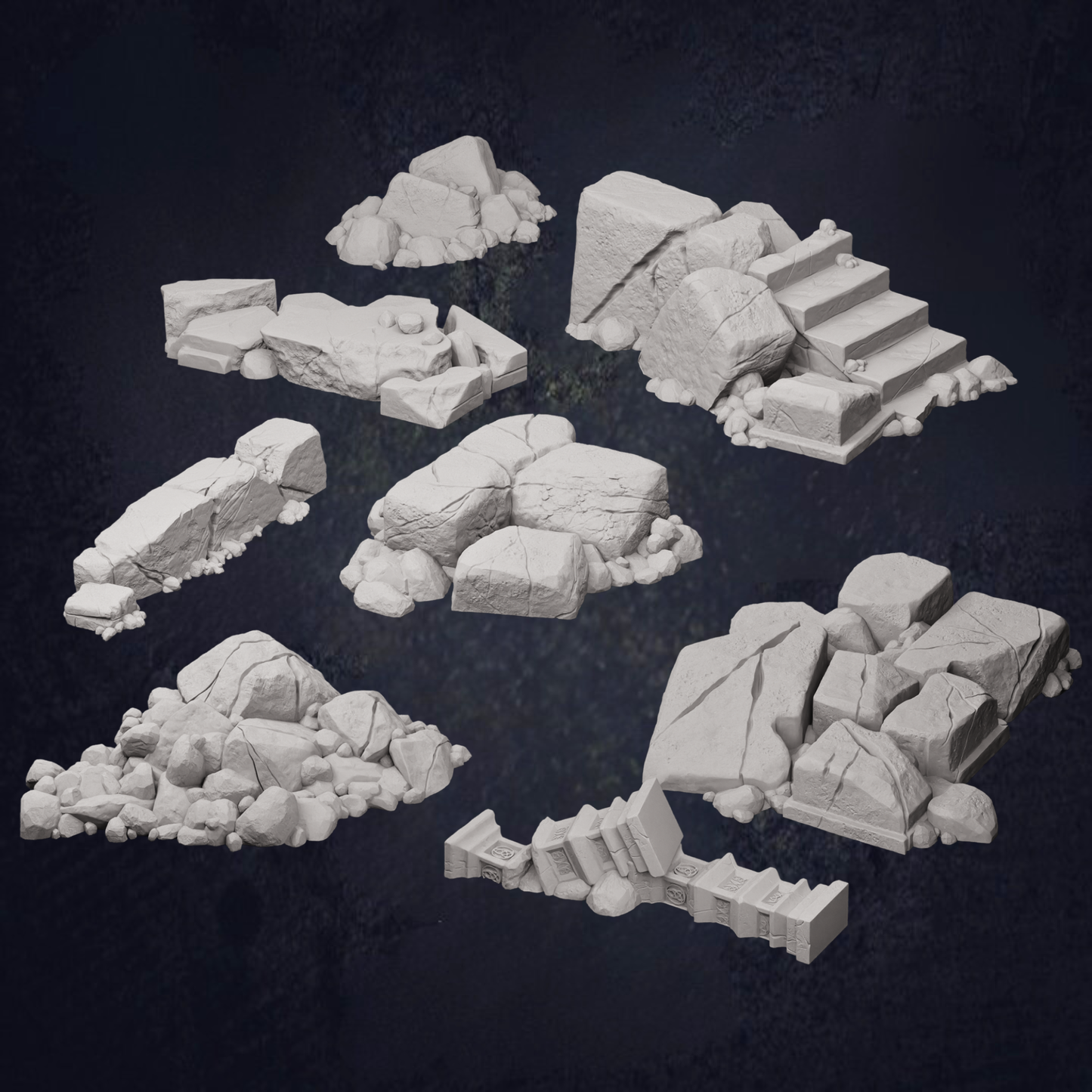 various 3D models of rocks and boulders, including large and small pieces, arranged in a dark background.