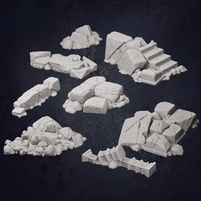 various 3D models of rocks and boulders, including large and small pieces, arranged in a dark background.
