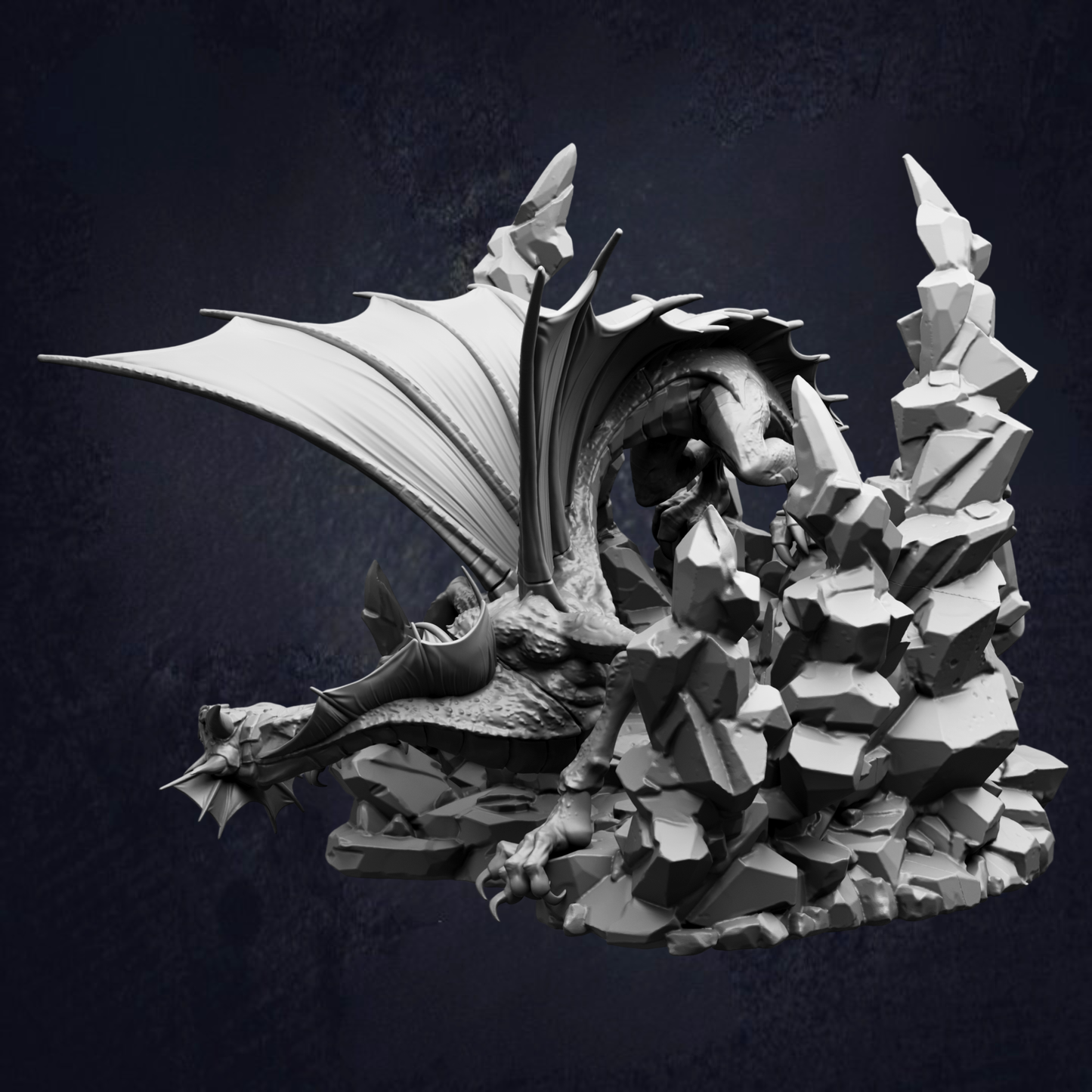 A detailed black and white image depicting a large, winged dragon-like creature with sharp teeth and claws, surrounded by rocks and debris.