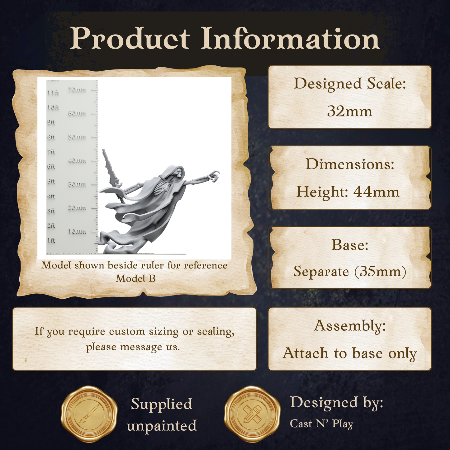The image is a product information display featuring a model shown beside a ruler for reference. The model is Model B, and the ruler is Model B. The dimensions of the ruler are 32mm in height and 44mm in width. The base of the ruler is 35mm. The display provides assembly instructions, indicating that the assembly should be attached to the base only. The image is a collage of multiple images, and the text should be described without redundancy and vague wording.