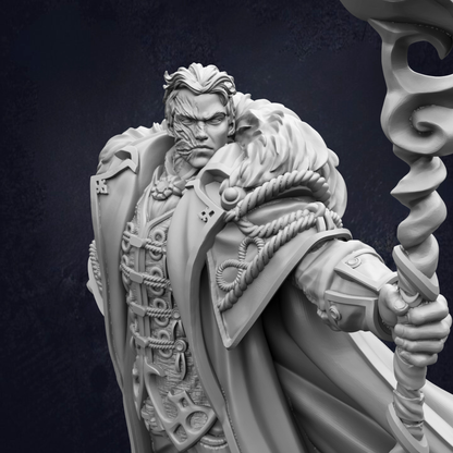 A detailed 3D model of a fantasy character, possibly a warrior or deity, with intricate armor and a flowing robe. The character appears to be in a dynamic pose, holding a staff or weapon. The image is in black and white, giving it a timeless and dramatic quality.