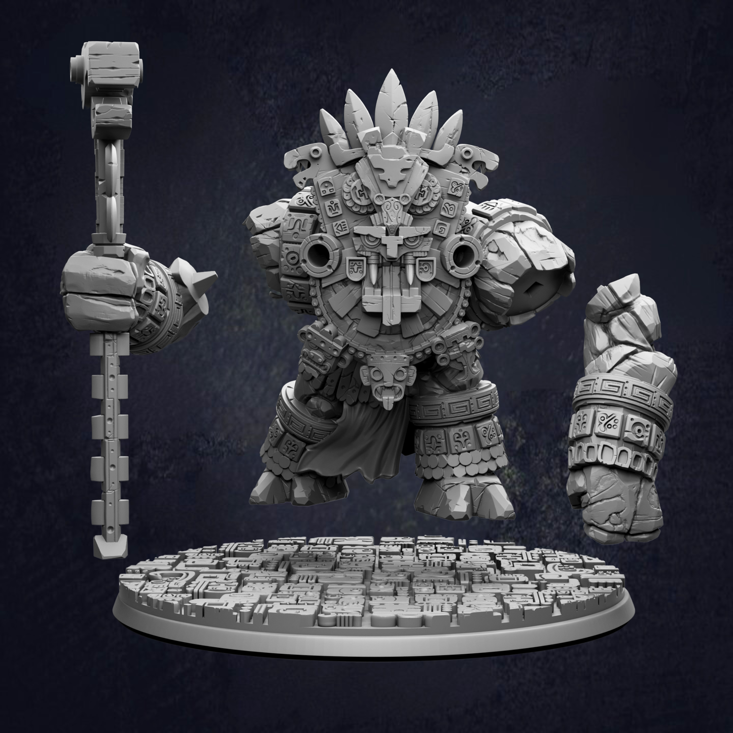 A detailed 3D model of a fantastical creature with intricate armor and a large headdress, standing on a platform with a circular base.