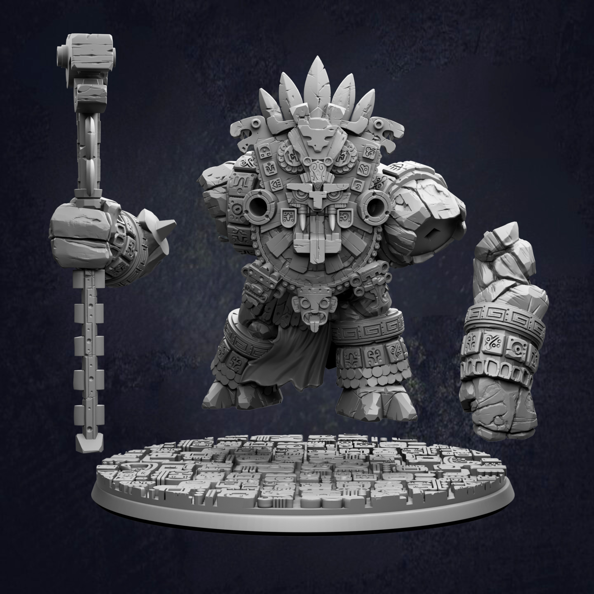A detailed 3D model of a fantastical creature with intricate armor and a large headdress, standing on a platform with a circular base.